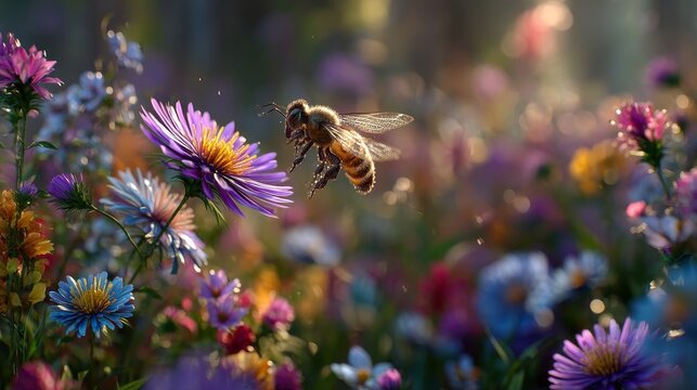 Close-up of a honeybee landing on a purple aster flower in golden hour warm backlight with cinematic rim light, vivid green meadow with wildflowers, detailed wings and dramatic lighting effects
