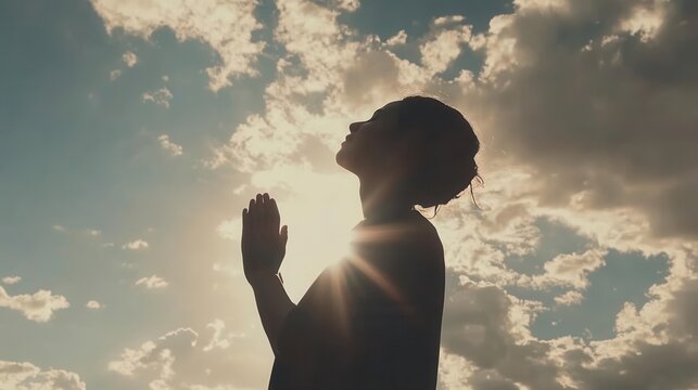 Woman Prays Under Sunlight Sky Seeking Guidance and Hope With Faith Journey