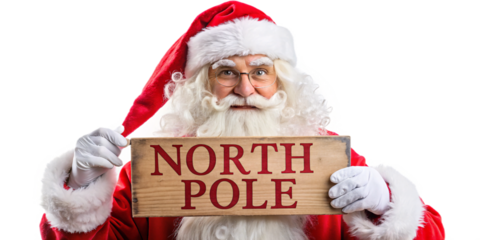 Santa Claus Holding North Pole Sign on Transparent Background