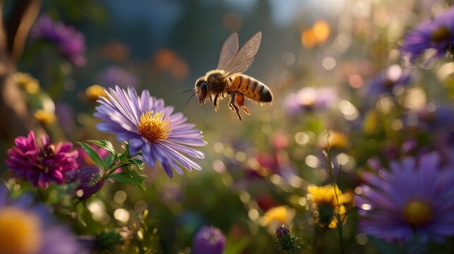 Close-up of a honeybee landing on a purple aster flower in golden hour warm backlight with cinematic rim light, vivid green meadow with wildflowers, detailed wings and dramatic lighting effects