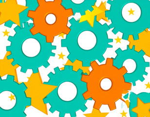 Bright and shiny 3D gears in orange and teal mesh together, signifying connection and 