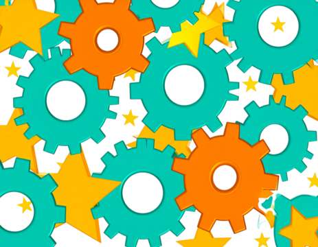 Bright and shiny 3D gears in orange and teal mesh together, signifying connection and