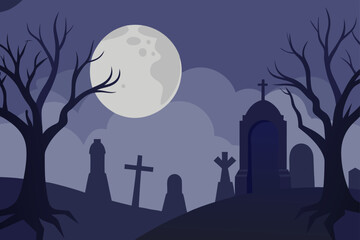 Moonlit Graveyard with Fog and Bare Trees