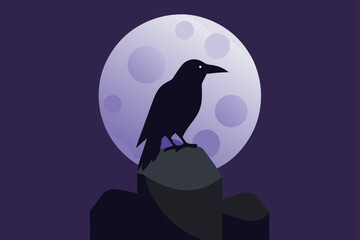 Raven on Rune Covered Stone with Full Moon