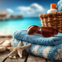 Close up photography of a hat, sunglasses and other beach accessories on a towel on the sand of a beautiful beach.