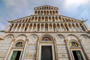 Front Facade of Pisa Cathedral with Romanesque Arches and Mosaics
