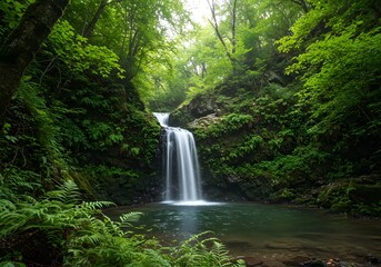 Obraz premium Lush waterfall in green forest landscape natural cascade scene