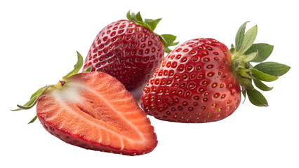 A close up studio shot of three ripe red strawberries one of which is cut in half revealing its juicy interior and seeds against a stark black background
