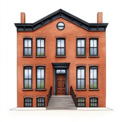 Fototapeta premium Detailed Red Brick Townhouse Facade with Ornate Black Trim and Gray Stairs on White Background Architecture