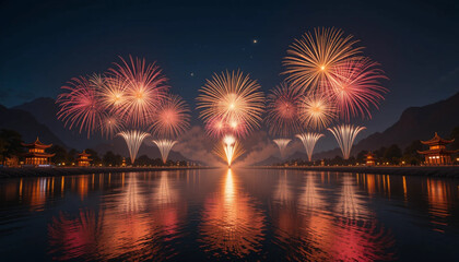 Spectacular Fireworks Display Over Calm Water at Night