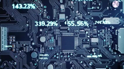 Dynamic circuit board with digital data flow and percentage metrics display - Powered by Adobe