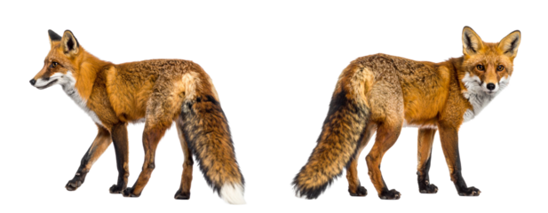 Two-year-old red fox turning its head with alert expression — isolated on white background PNG