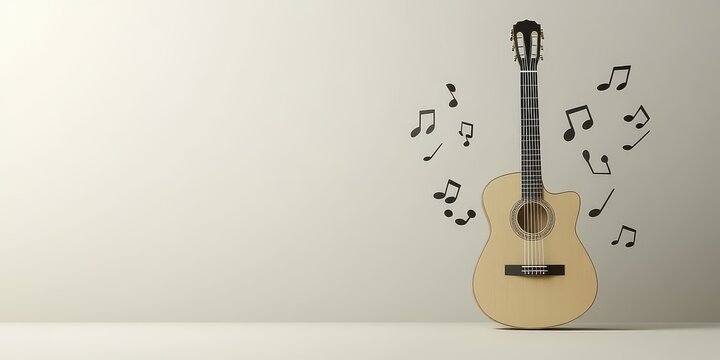 Acoustic guitar with music notes minimalist background studio shot website banner.