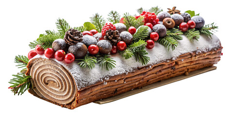 Christmas Yule Log Cake with Berries and Pine on transparent background