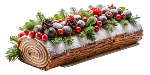 Christmas Yule Log Cake with Berries and Pine on transparent background