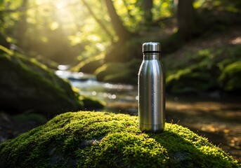 Reusable water bottle on mossy rock in sunny forest environment