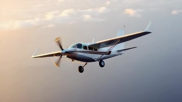 A small private airplane flies through the sky above the clouds
