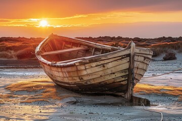 A weathered wooden boat rests on the sandy shore at sunset.