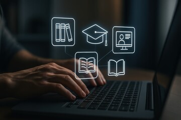Online Education: A student diligently types on a laptop, surrounded by digital icons representing books, a graduation cap, and online learning. This image conveys the concept of e-learning.