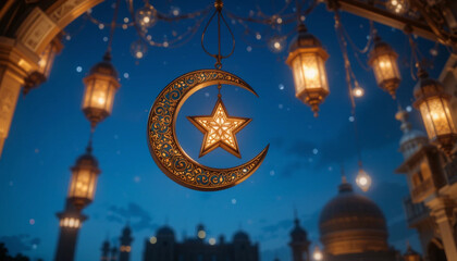 Obraz premium Golden Crescent Moon and Star Hanging Ornament with Illuminated Lanterns at Night