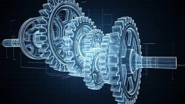 Abstract animation of wireframe gears rotating in digital blueprint style