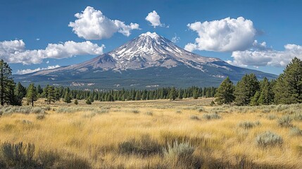 Fototapeta premium Open Road Leading to Mount Shasta in Northern California for Scenic Travel Photography