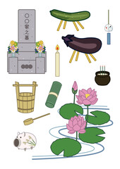 お盆のイラストセット