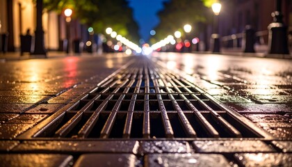 City street drain at night, wet pavement, blurred lights