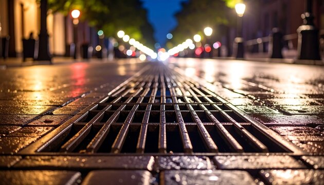 City street drain at night, wet pavement, blurred lights
