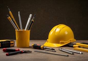 Essential Yellow Hard Hat and Professional Hand Tools Arranged on a Textured Surface