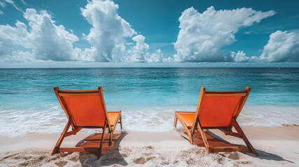 Photography of beach chairs set on the sand at a beautiful beach in a resort area.