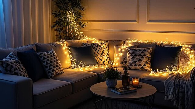 Comfortable couch setup with throw pillows, fairy lights, and ambient music atmosphere