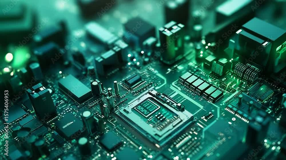 Poster close up of cpu socket on motherboard with components and electronic circuits