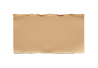 Rectangular light brown rustic kraft paper with distinct torn top and bottom edges, subtle creases, and fibrous texture, isolated on a pure transparent background with ample negative copy space,