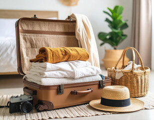 Close up suitcases and travel essentials being packed into bags.
