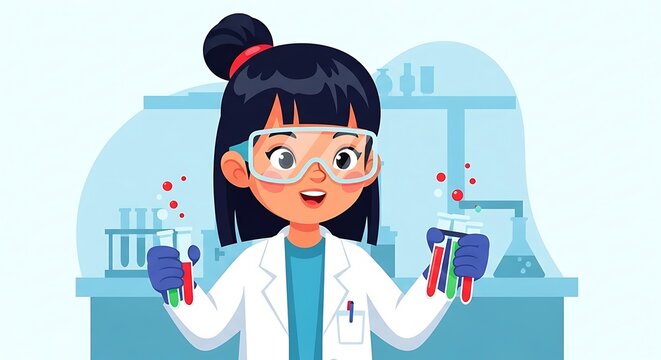 Vector illustration of a young girl wearing a lab coat and safety goggles, holding test tubes in a laboratory setup with colorful chemicals.