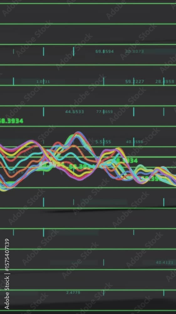 Poster fluctuating colorful lines representing data analysis animation over dark grid background