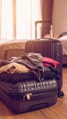 Close up suitcases and travel essentials being packed into bags.