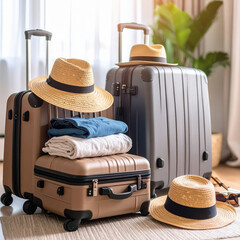 Close up suitcases and travel essentials being packed into bags.