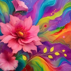 Vibrant Floral Composition with Colorful Abstract Swirls