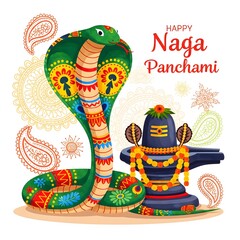 Happy naga panchami festival greeting with a decorated cobra and shiva lingam