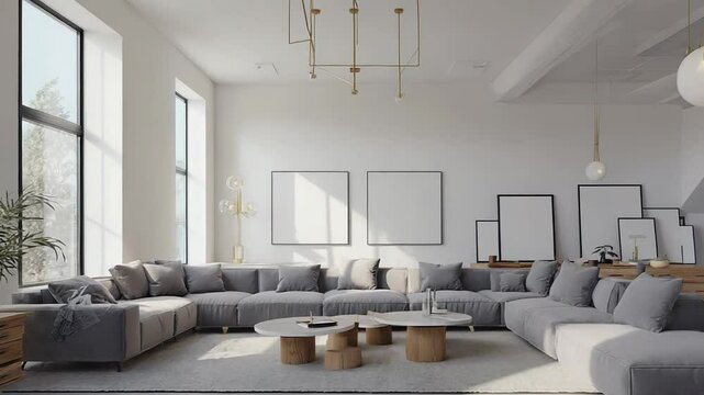 Modern living room interior with gray sofa and empty frames