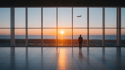 Fototapeta premium People looking at the view with airplane in the sky at the terminal in the airport.