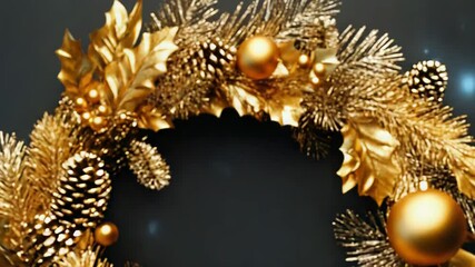 Golden christmas wreath with ornaments and pine cones on black background - Powered by Adobe