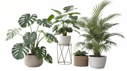 A collection of lush green houseplants including a large monstera deliciosa and a tall areca palm in decorative pots on a black background with abstract colorful elements