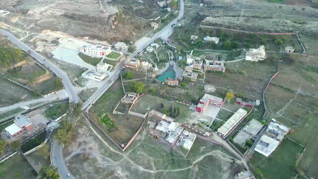 Aerial view of village and fields, Pakistan.