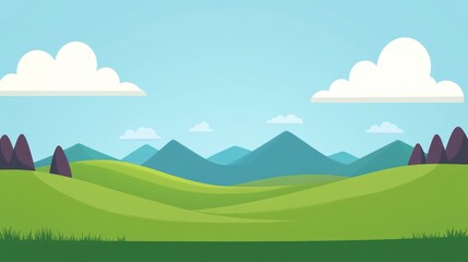 Obraz premium Flat landscape with rolling hills, mountains, and clouds