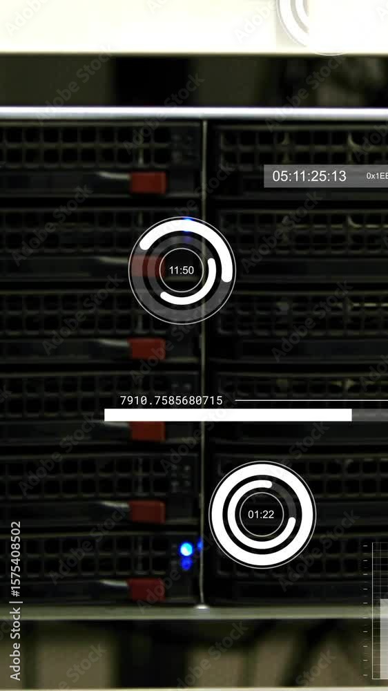 Poster Server racks with digital data processing animation and graphs overlay