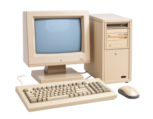 Classic beige personal computer system with CRT monitor, desktop tower, wired keyboar  