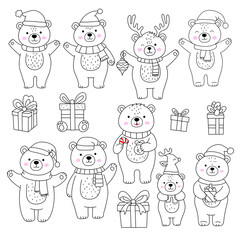 Christmas Bear Clipart Bundle &ndash; Cute Black and White Hand-Drawn Bears with Gifts, Winter Holiday Digital Illustrations